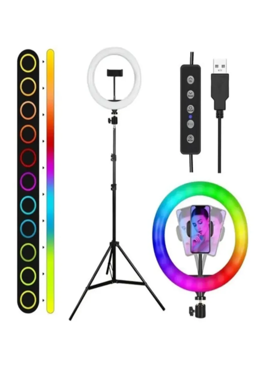 Dymax 14inç Renkli Selfie Led Işığı Rgb Ring Light Yuvarlak Sürekli Led Işık 2m Tripot